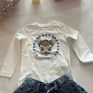 Monalisa White Long Sleeve Kids Shirt with Bambi Disney Design. Size 4